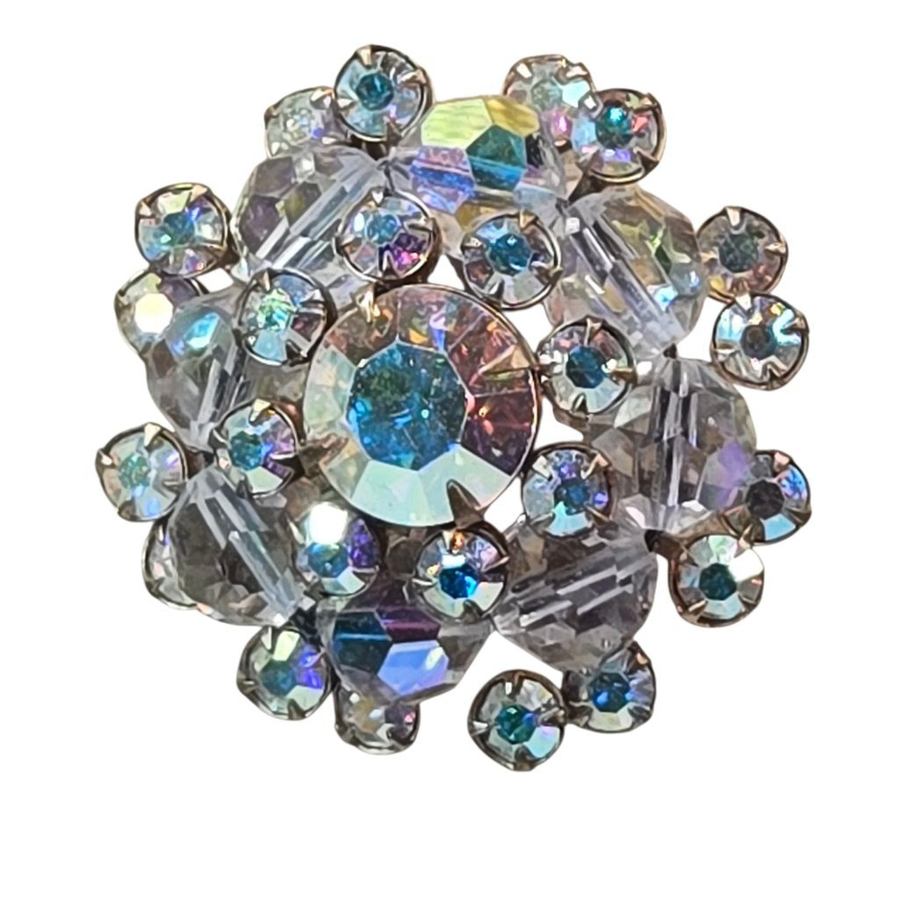 Vintage Brooch Women's Clear Iridescent Glass AB Cluster Snowflake Pin Excellent